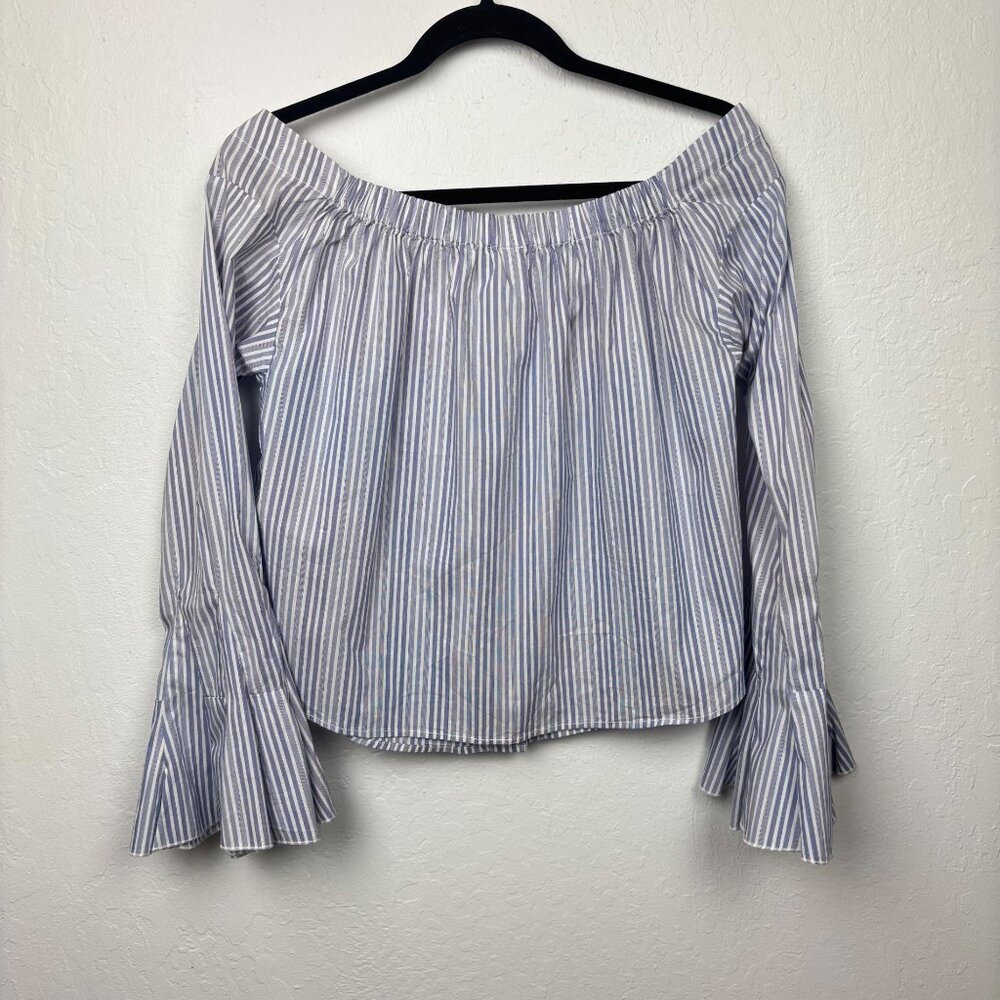 Free People S Off The Shoulder Striped Blouse With Bell Sleeves Blue White Boho - Picture 5 of 6